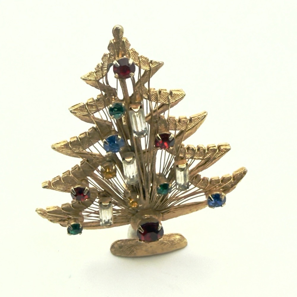 Vintage Gold Tone Multi Color Rhinestone Christmas Tree Brooch Pin Mid Century - Picture 8 of 9